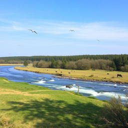 A serene landscape with a clear blue sky, a flowing river, and a forest in the background