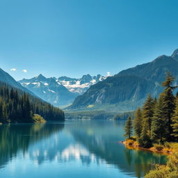 Create an image of a beautiful landscape featuring a serene lake surrounded by lush green trees and majestic mountains in the background under a clear blue sky