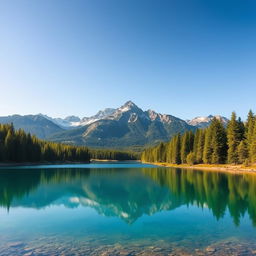 Create an image of a beautiful landscape featuring a serene lake surrounded by lush green trees and majestic mountains in the background under a clear blue sky