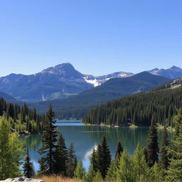 Create an image of a beautiful landscape featuring a serene lake surrounded by lush green trees and majestic mountains in the background under a clear blue sky