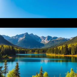 Create an image of a beautiful landscape featuring a serene lake surrounded by lush green trees and majestic mountains in the background under a clear blue sky