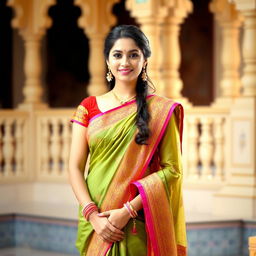 A beautiful Indian lady wearing a traditional saree, standing gracefully with a serene smile