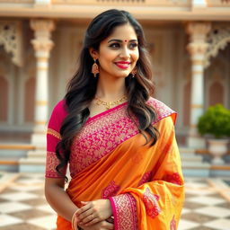 A beautiful Indian lady wearing a traditional saree, standing gracefully with a serene smile