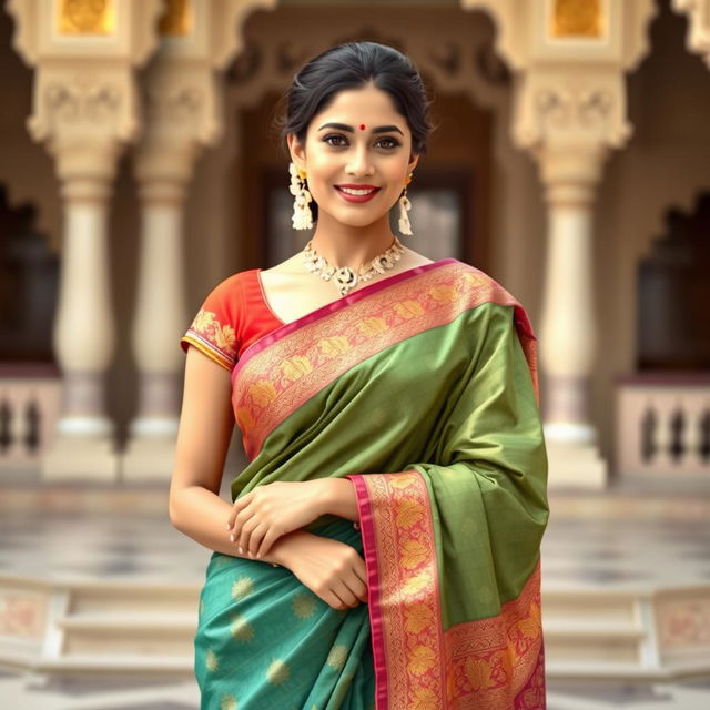 A beautiful Indian lady wearing a traditional saree, standing gracefully with a serene smile