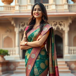 A beautiful Indian lady wearing a traditional saree, standing gracefully with a serene smile