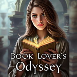 Create a realistic fantasy book cover for a novel titled 'The Book Lover's Odyssey