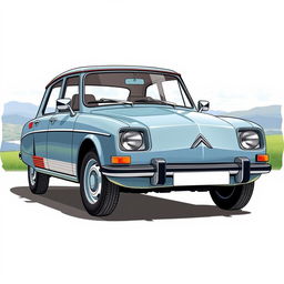 A detailed illustration of a Citroen Dyane sport model, showcasing its classic design with a sporty twist