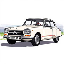 A detailed illustration of a Citroen Dyane sport model, showcasing its classic design with a sporty twist