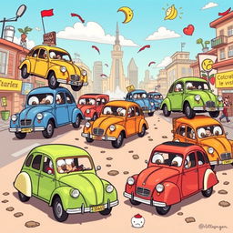 A comic-style illustration featuring multiple Citroen 2CV cars in various humorous scenarios