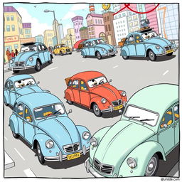 A comic-style illustration featuring multiple Citroen 2CV cars in various humorous scenarios