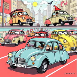 A comic-style illustration featuring multiple Citroen 2CV cars in various humorous scenarios