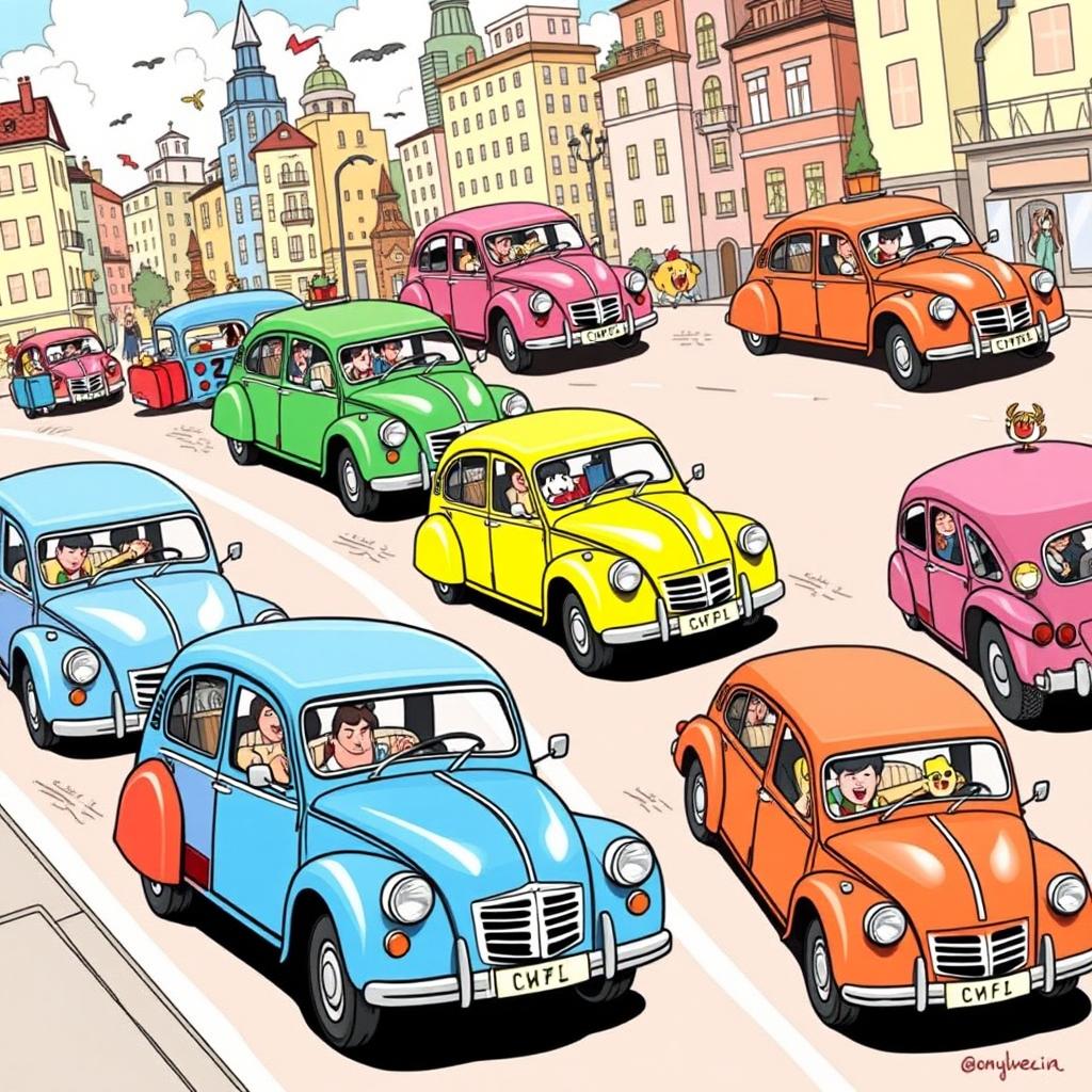 A comic-style illustration featuring multiple Citroen 2CV cars in various humorous scenarios