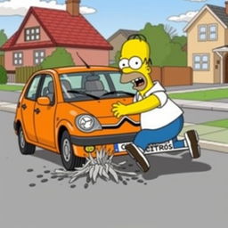 A humorous illustration of Homer Simpson crashing into a Citroën car