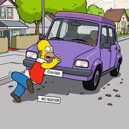 A humorous illustration of Homer Simpson crashing into a Citroën car