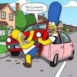 A humorous illustration of Homer Simpson crashing into a Citroën car