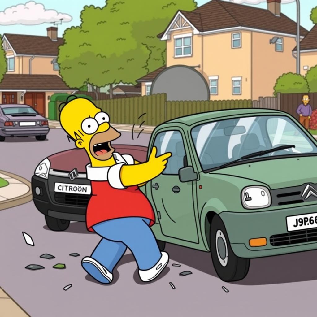 A humorous illustration of Homer Simpson crashing into a Citroën car