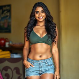 An Indian woman with a sisterly appearance, wearing shorts