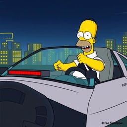 A humorous illustration of Homer Simpson driving KITT, the iconic Pontiac Firebird from the TV show Knight Rider