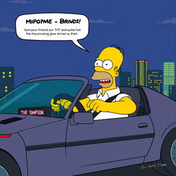 A humorous illustration of Homer Simpson driving KITT, the iconic Pontiac Firebird from the TV show Knight Rider