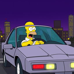 A humorous illustration of Homer Simpson driving KITT, the iconic Pontiac Firebird from the TV show Knight Rider