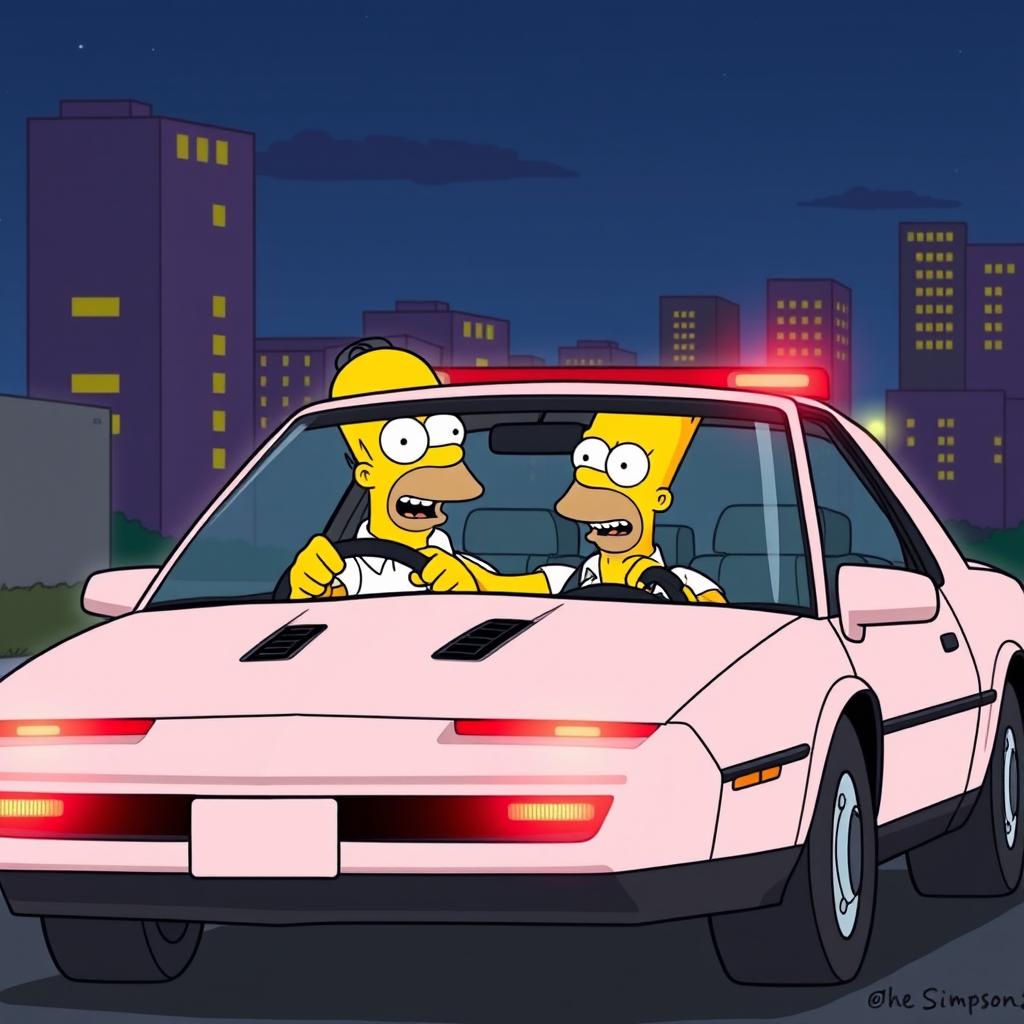 A humorous illustration of Homer Simpson driving KITT, the iconic Pontiac Firebird from the TV show Knight Rider