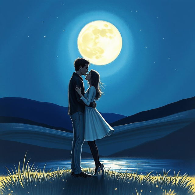 A romantic drawing of a couple standing together under a full moon