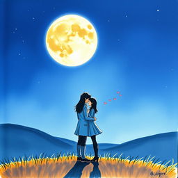 A romantic drawing of a couple standing together under a full moon