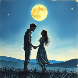 A romantic drawing of a couple standing together under a full moon