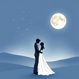 A romantic drawing of a couple standing together under a full moon