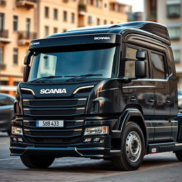 A detailed and realistic image of a black Scania sedan car, showcasing its sleek design and modern features