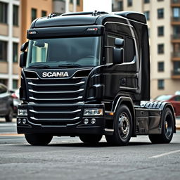 A detailed and realistic image of a black Scania sedan car, showcasing its sleek design and modern features