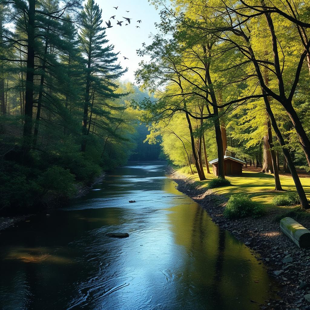 A serene landscape featuring a calm river flowing through a lush forest with sunlight filtering through the trees