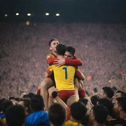 A vibrant image of footballers warmly embracing their ecstatic fans in a crowded stadium under the bright stadium lights.