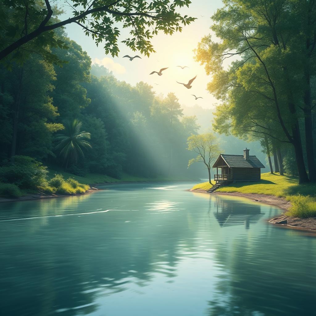 A serene landscape featuring a calm river flowing through a lush forest with sunlight filtering through the trees