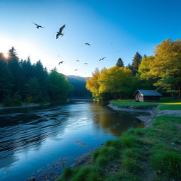 A serene landscape featuring a calm river flowing through a lush forest with sunlight filtering through the trees