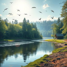 A serene landscape featuring a calm river flowing through a lush forest with sunlight filtering through the trees