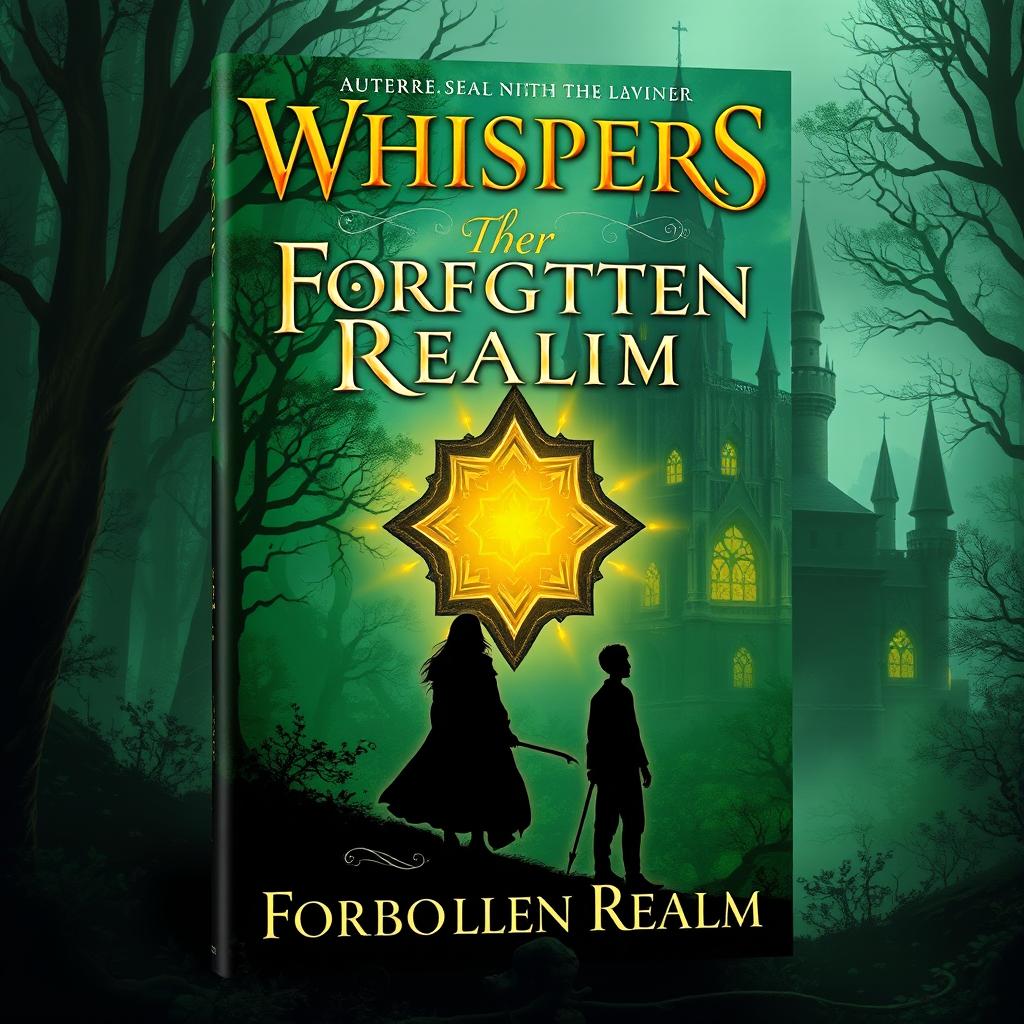 For the book cover of 'Whispers of the Forgotten Realm,' create an image featuring a mystical forest with glowing, ancient trees and a radiant amulet as the focal point