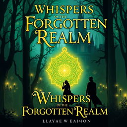 For the book cover of 'Whispers of the Forgotten Realm,' create an image featuring a mystical forest with glowing, ancient trees and a radiant amulet as the focal point