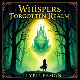 For the book cover of 'Whispers of the Forgotten Realm,' create an image featuring a mystical forest with glowing, ancient trees and a radiant amulet as the focal point