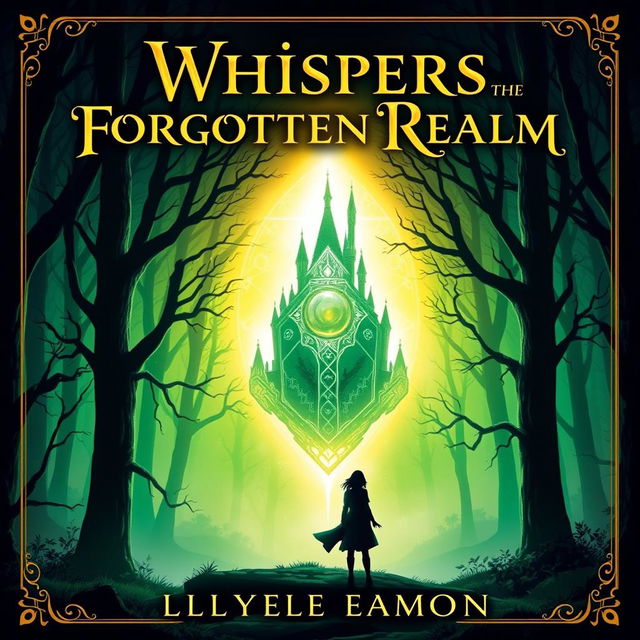 For the book cover of 'Whispers of the Forgotten Realm,' create an image featuring a mystical forest with glowing, ancient trees and a radiant amulet as the focal point