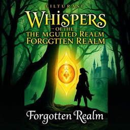 For the book cover of 'Whispers of the Forgotten Realm,' create an image featuring a mystical forest with glowing, ancient trees and a radiant amulet as the focal point