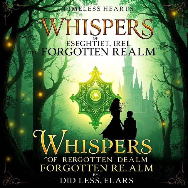 For the book cover of 'Whispers of the Forgotten Realm,' written by Timeless Hearts, create an image featuring a mystical forest with glowing, ancient trees and a radiant amulet as the focal point