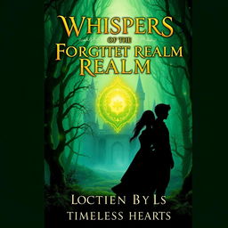 For the book cover of 'Whispers of the Forgotten Realm,' written by Timeless Hearts, create an image featuring a mystical forest with glowing, ancient trees and a radiant amulet as the focal point