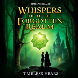 For the book cover of 'Whispers of the Forgotten Realm,' written by Timeless Hearts, create an image featuring a mystical forest with glowing, ancient trees and a radiant amulet as the focal point