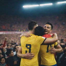 A vibrant image of footballers warmly embracing their ecstatic fans in a crowded stadium under the bright stadium lights.