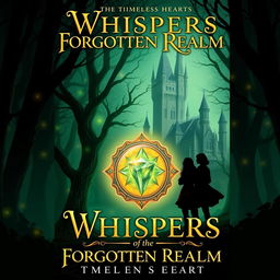 For the book cover of 'Whispers of the Forgotten Realm,' written by Timeless Hearts, create an image featuring a mystical forest with glowing, ancient trees and a radiant amulet as the focal point