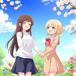 A heartwarming scene featuring two girls, one with long brown hair and the other with short blonde hair, smiling and holding hands in a sunny park with blooming flowers and a clear blue sky