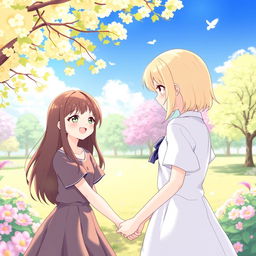 A heartwarming scene featuring two girls, one with long brown hair and the other with short blonde hair, smiling and holding hands in a sunny park with blooming flowers and a clear blue sky