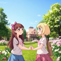 A heartwarming scene featuring two girls, one with long brown hair and the other with short blonde hair, smiling and holding hands in a sunny park with blooming flowers and a clear blue sky