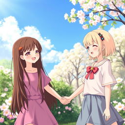 A heartwarming scene featuring two girls, one with long brown hair and the other with short blonde hair, smiling and holding hands in a sunny park with blooming flowers and a clear blue sky